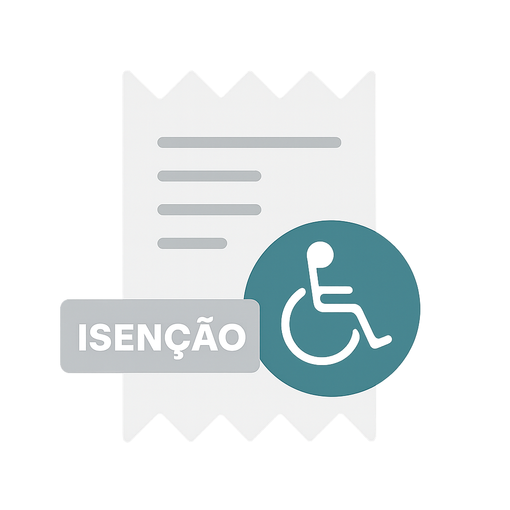 Ícone de Direito Tributário com nota fiscal, selo de isenção e símbolo da acessibilidade.