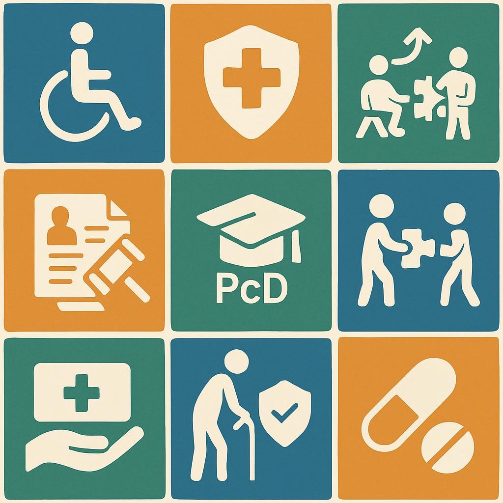 Conjunto de ícones representando as áreas de atuação da advocacia especializada em direitos das pessoas com deficiência.