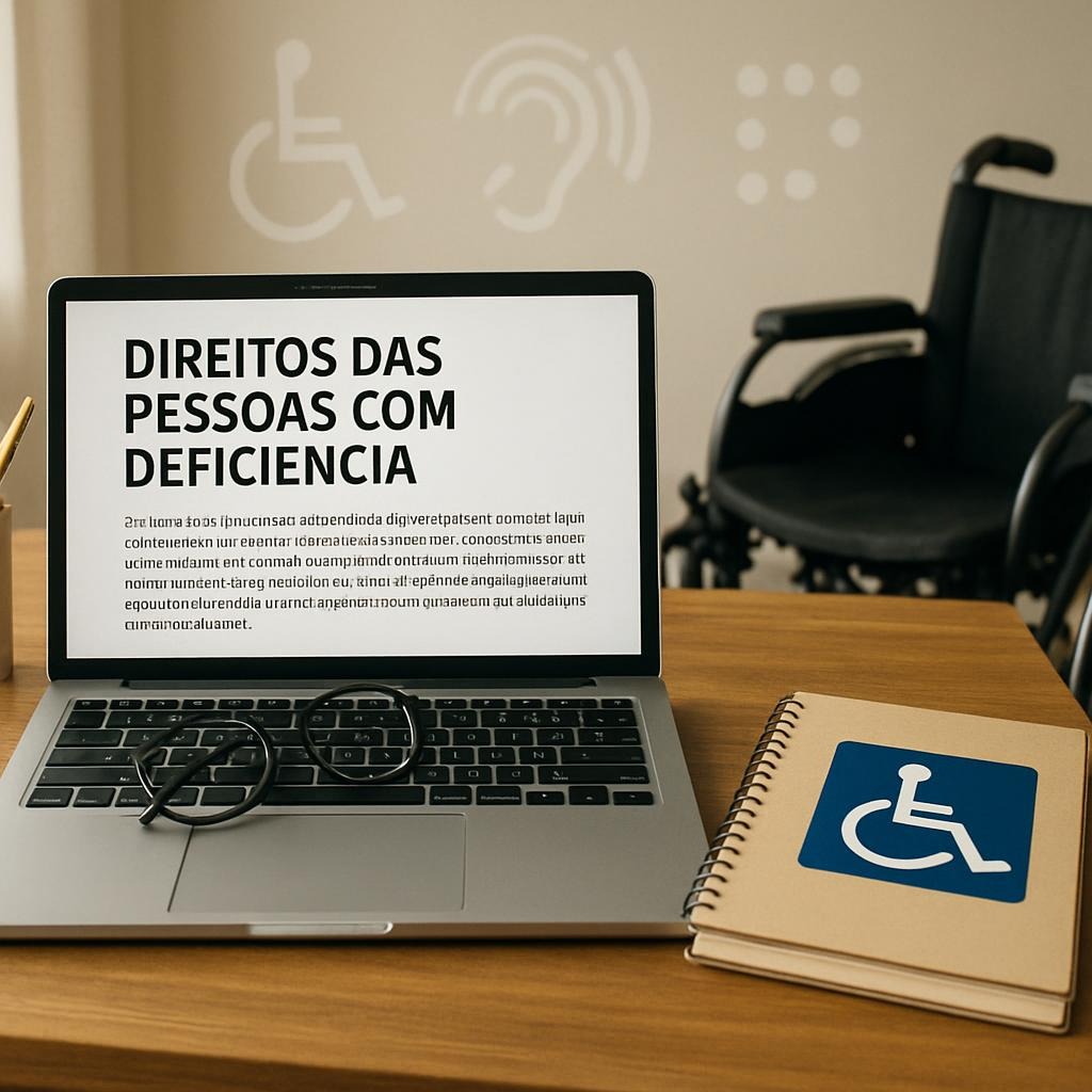 Notebook com blog sobre advocacia especializada em direitos das pessoas com deficiência, sobre mesa de escritório com cadeira de rodas ao fundo e símbolos de acessibilidade na parede.